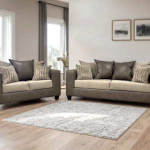 Modern latte sofa and loveseat set with two-tone upholstery and decorative accent pillows