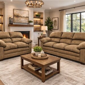 1121 Osaka Mocha sofa and loveseat set with soft brown upholstery, plush cushions, and cozy design in a living room