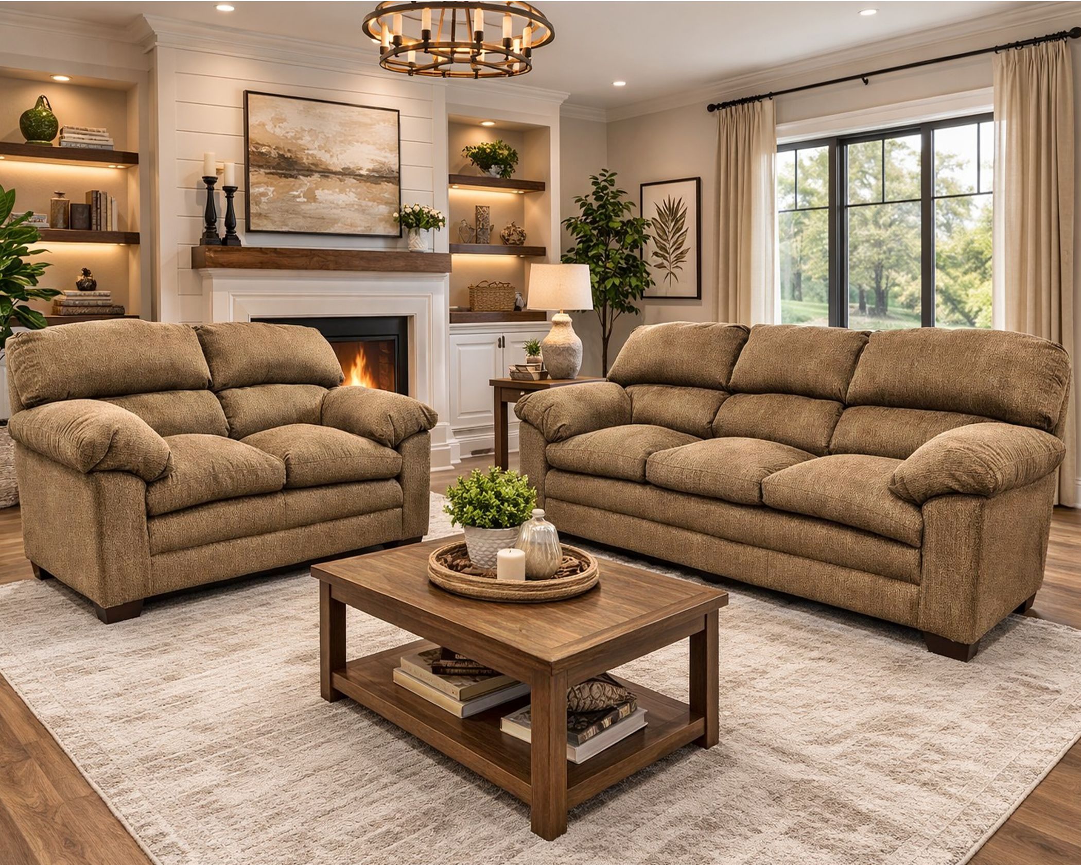 1121 Osaka Mocha sofa and loveseat set with soft brown upholstery, plush cushions, and cozy design in a living room
