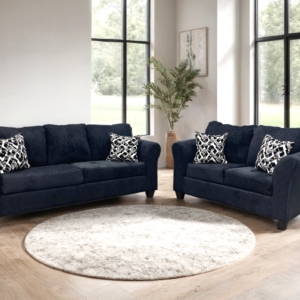 Modern black sofa and loveseat set with chenille-like fabric and decorative accent pillows