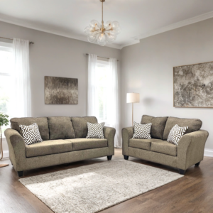 Modern brown sofa and loveseat set with chenille-like fabric and decorative accent pillows