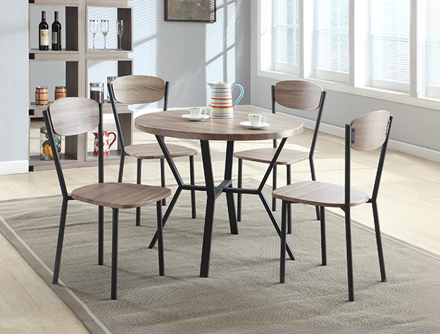 1230SET-GW Blake round dining table set with grey wash finish and black metal chairs in modern small dining room