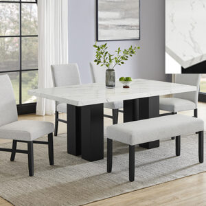 1312-4268-6P Parkside marble-look dining table set with black pedestal base and upholstered chairs and bench