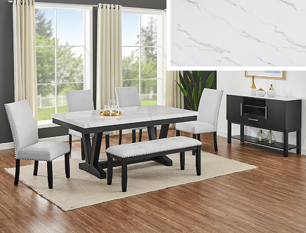 1319-6P Vance faux marble dining table set with black base, upholstered chairs with nailhead trim, and bench seating