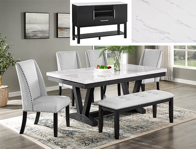 1319-6P-SB Vance faux marble dining table set with black base, upholstered wingback chairs, and bench seating