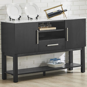 1319-SB Vance sideboard cabinet with faux marble top, black finish, cabinet doors, and open shelf storage