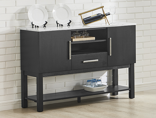 1319-SB Vance sideboard cabinet with faux marble top, black finish, cabinet doors, and open shelf storage