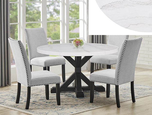 1320RD-5P Varley round marble-look dining table set with black pedestal base and upholstered chairs