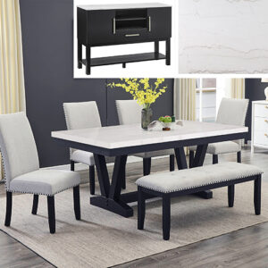 1320-6P Varley marble-look dining table set with black base, upholstered chairs with nailhead trim, and bench seating