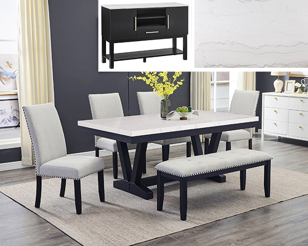 1320-6P Varley marble-look dining table set with black base, upholstered chairs with nailhead trim, and bench seating