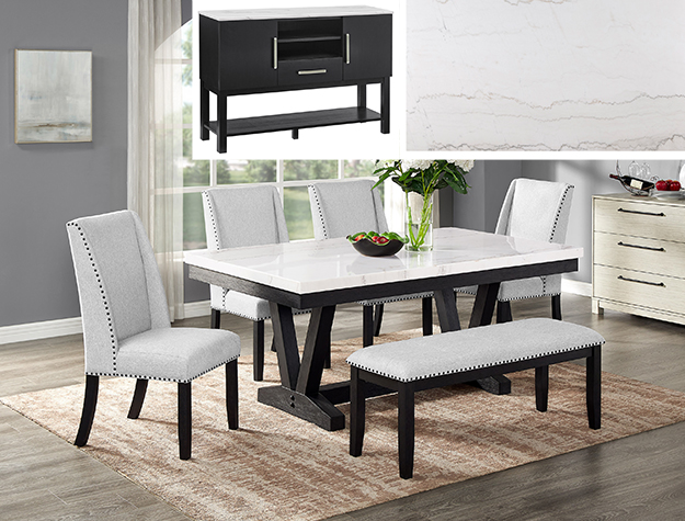 1320-6P-SB Varley marble-look dining table set with black base, upholstered wingback chairs, and bench seating