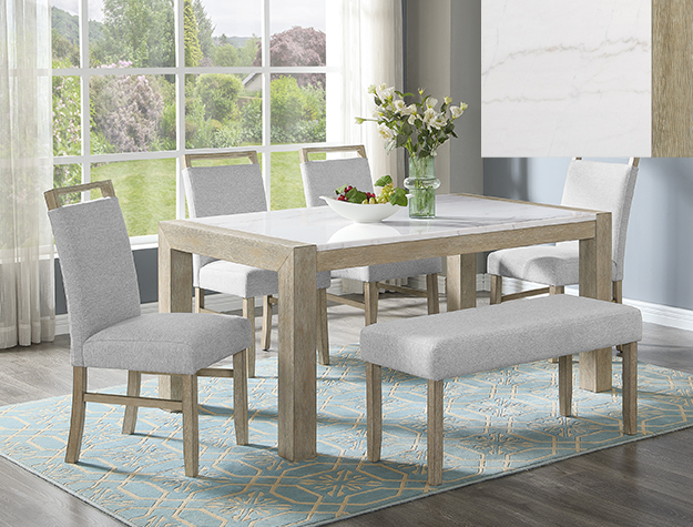 1321-6P Hazel dining table set with light wood frame, marble-look top, upholstered chairs, and bench