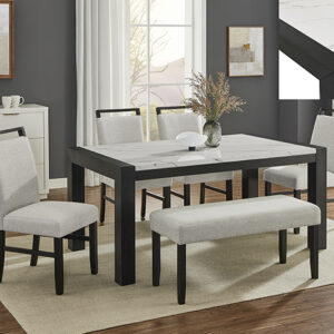 1322-6P Jules faux marble dining table set with black frame, upholstered chairs, and bench seating