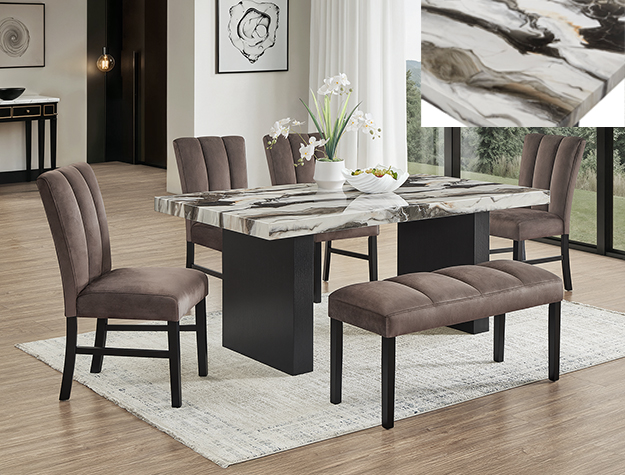 1420-6P Vega faux marble dining table set with dark pedestal base, upholstered chairs, and bench seating