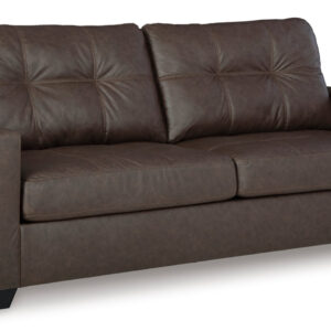 Brown queen sleeper sofa with modern track arms and plush cushions