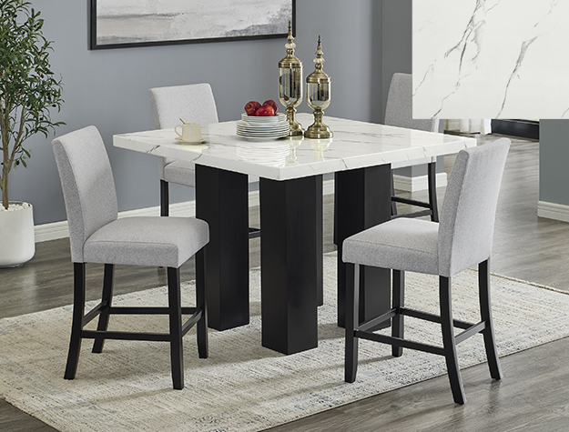 1712-5P Parkside counter height dining set with marble-look top, black base, and upholstered chairs