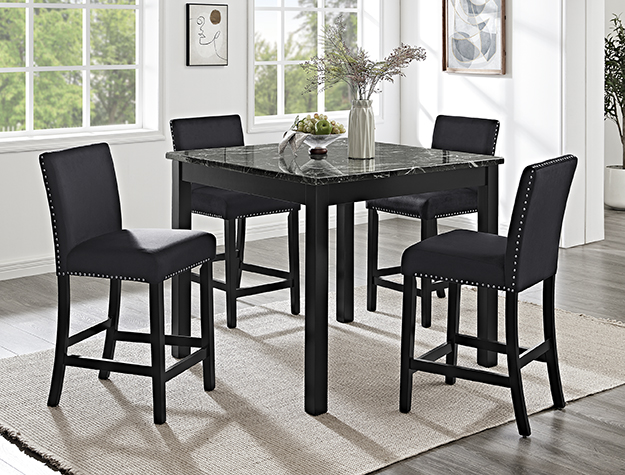 1715SET-AB Lennon black counter height dining set with stone-look top and upholstered chairs