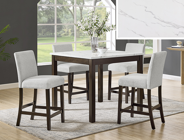 1715SET-BRN Lennon brown counter height dining set with marble-look top and upholstered chairs