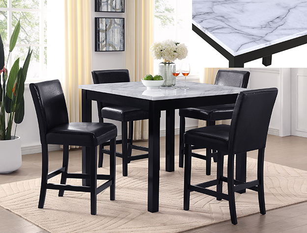 1715SET-PU Lennon counter height dining set with marble-look top and black PU upholstered chairs