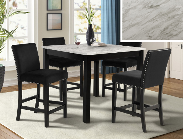 1715SET Lennon counter height dining set with marble-look top and black upholstered chairs