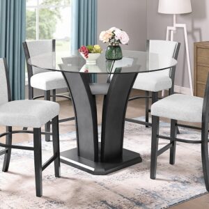 1716DV-5P Camelia dove counter height dining set with glass top and light gray upholstered chairs