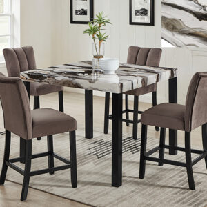 1720-5P Vega faux marble counter height dining set with dramatic marble-look top and upholstered chairs