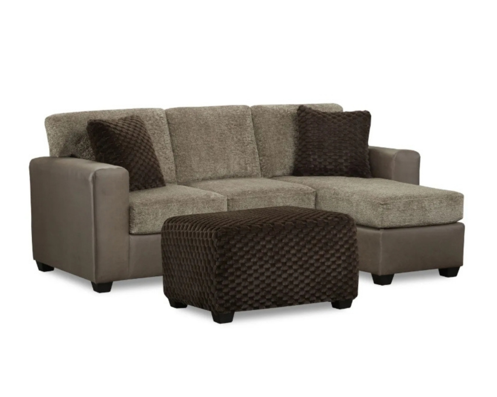maple brown sectional sofa with chaise and matching ottoman in compact living room