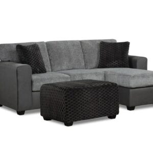 pewter grey sectional sofa with chaise and matching ottoman in modern living room