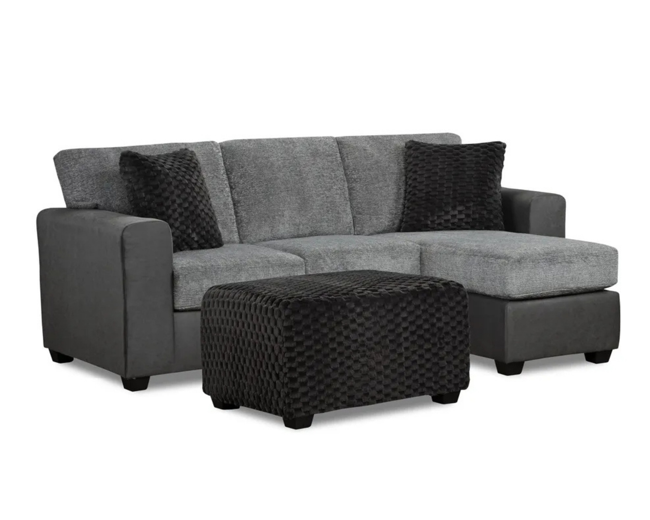 pewter grey sectional sofa with chaise and matching ottoman in modern living room