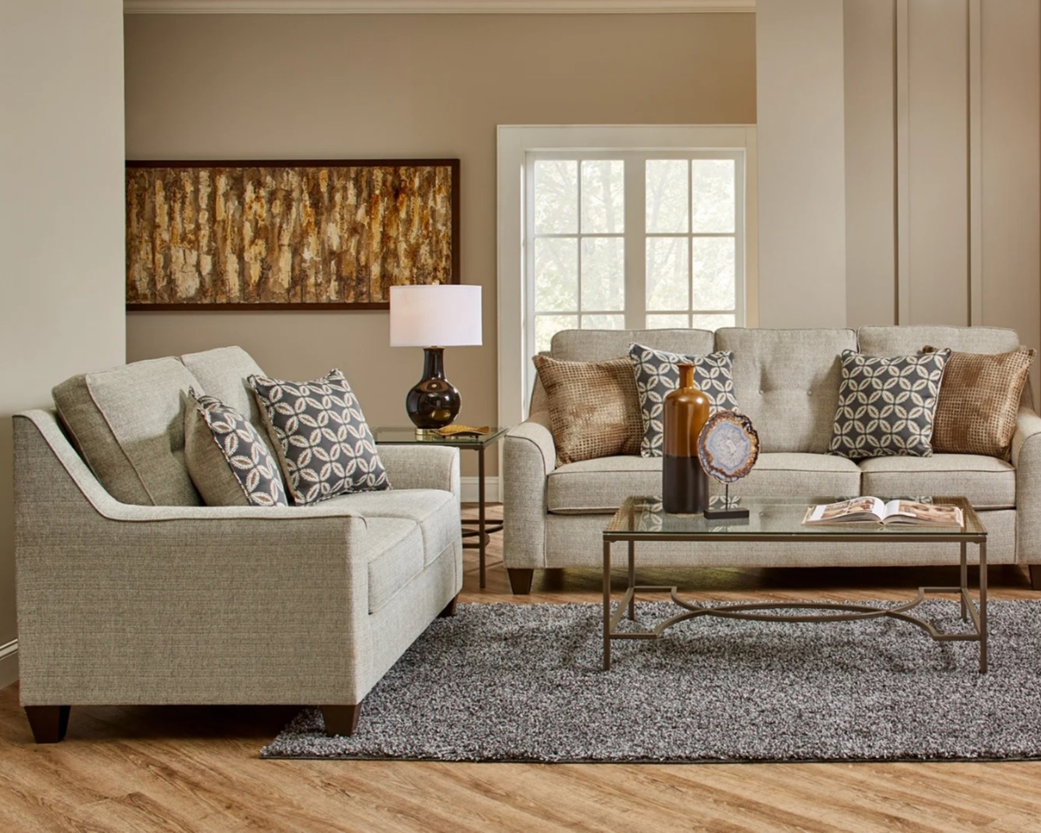 20199 Tweed Beige living room set with sofa and loveseat in neutral fabric upholstery