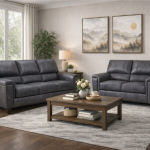 2022 Expedition Shadow sofa and loveseat set with dark gray leather-look upholstery, clean lines, and plush seating in a modern living room