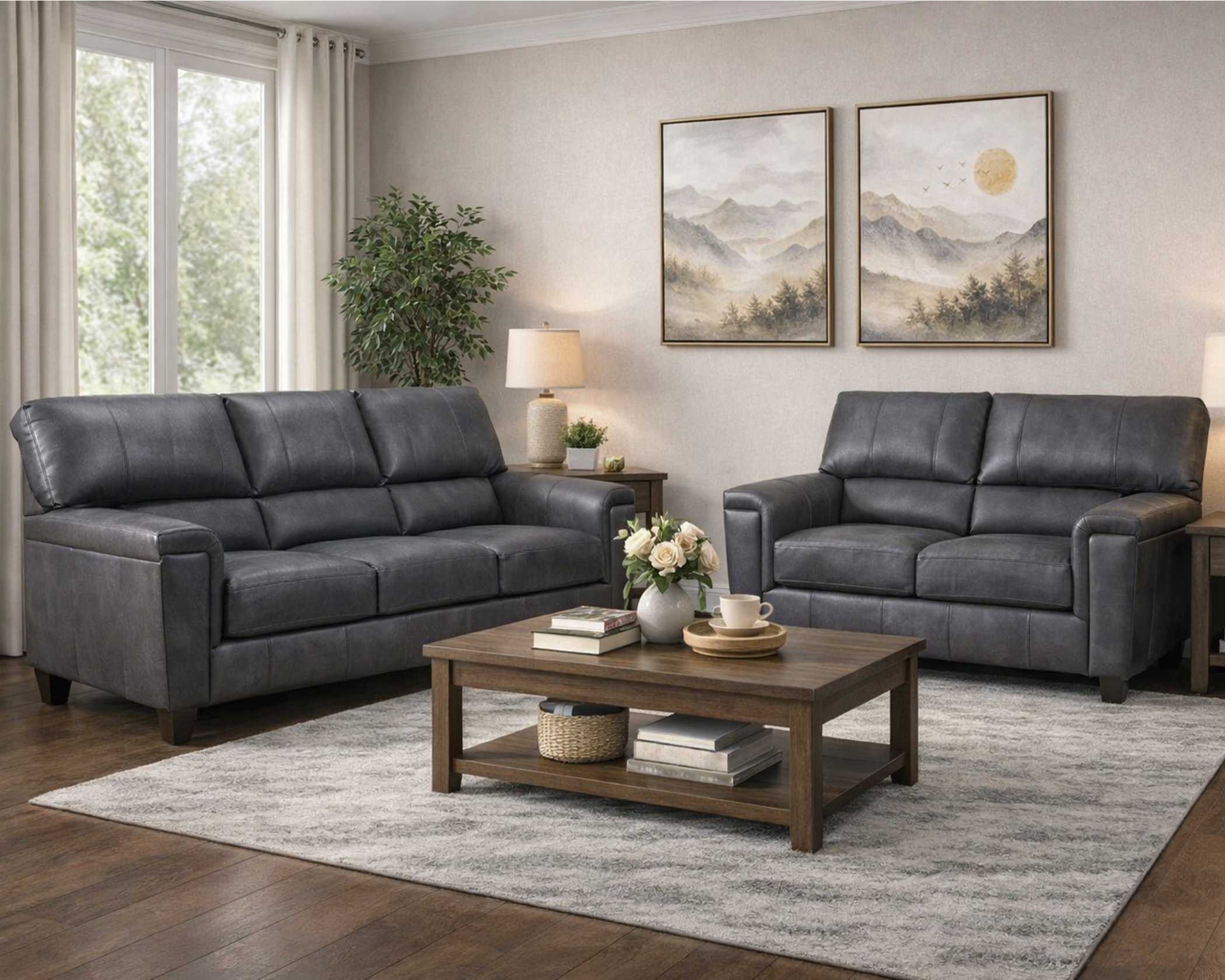 2022 Expedition Shadow sofa and loveseat set with dark gray leather-look upholstery, clean lines, and plush seating in a modern living room