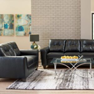 Soft Touch Onyx living room set with black sofa and loveseat in modern leather-look upholstery