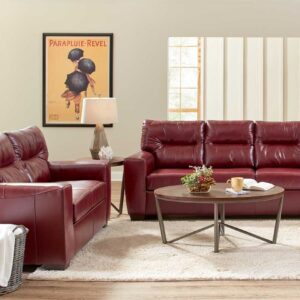 2043 Soft Touch Crimson sofa and loveseat set with rich red leather-look upholstery, plush cushions, and bold contemporary style in a living room