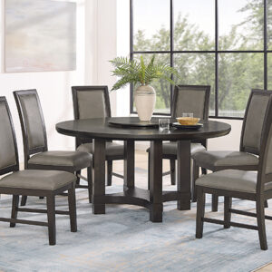 2070-5P Jeffries round wood dining table set with dark finish and upholstered chairs