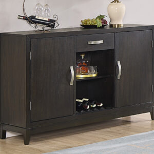 2070-SB Jeffries wood sideboard cabinet with dark finish, cabinet doors, drawer, and open shelf storage