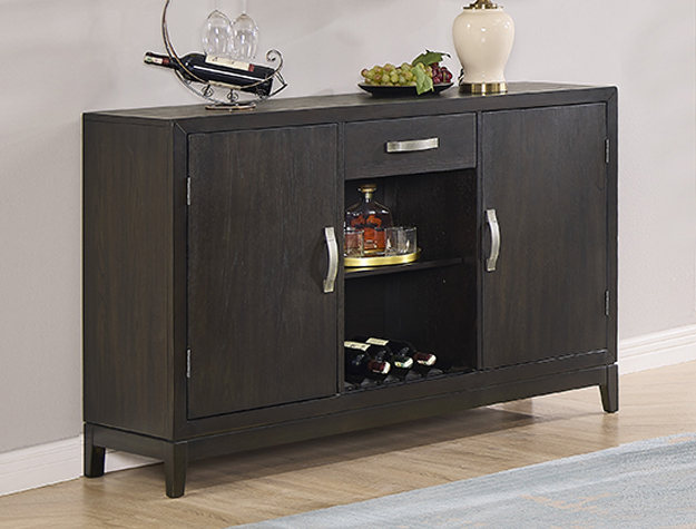 2070-SB Jeffries wood sideboard cabinet with dark finish, cabinet doors, drawer, and open shelf storage