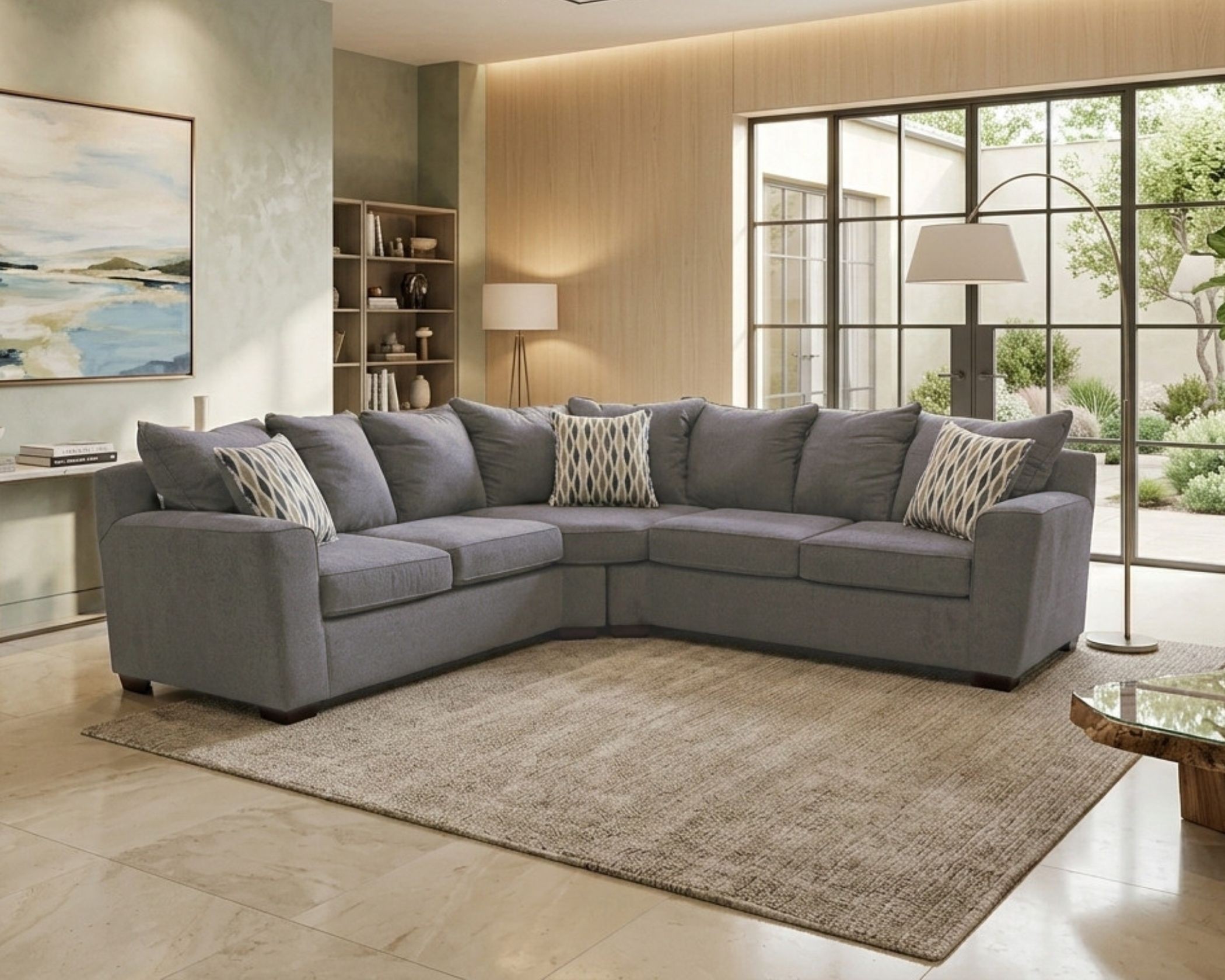 2074 Harris Grey sectional sofa with modern grey fabric upholstery and corner design