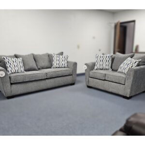 2099 Harris Smoke sofa and loveseat set in grey fabric with decorative accent pillows