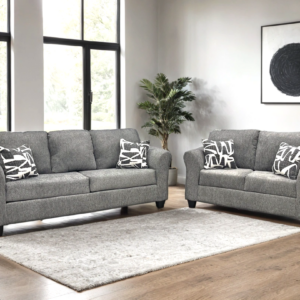 Modern gray sofa and loveseat set with chenille-like fabric and patterned accent pillows