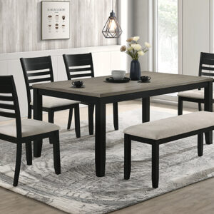 2132-6P Folio dining table set with wood-look top, black frame, upholstered chairs, and bench