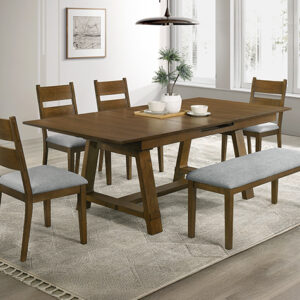 2135-6P Everly wood dining table set with upholstered chairs and bench in farmhouse-style dining room