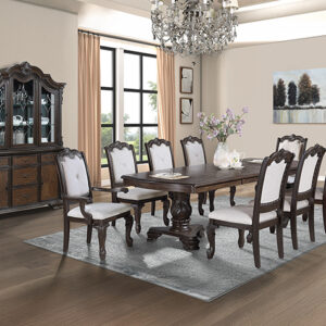 2149-9P Kiera formal dining table set with carved wood base and upholstered chairs in traditional dining room