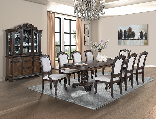 2149-9P Kiera formal dining table set with carved wood base and upholstered chairs in traditional dining room