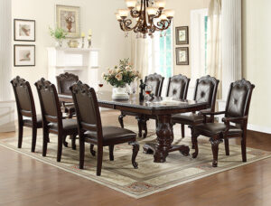 2150-9P Kiera formal dining table set with carved pedestal base and tufted upholstered chairs