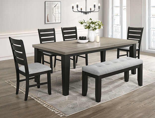 2152LG-6P Bardstown light grey dining table set with bench and slat-back chairs