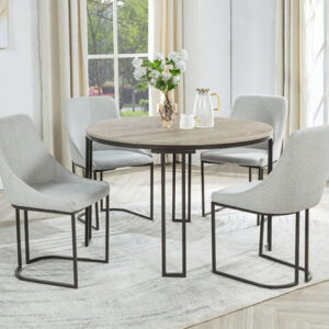 2203-5P Verano round dining table set with wood-look top, black metal base, and upholstered chairs