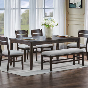 2204-6P Higgins wood dining table set with upholstered chairs and bench