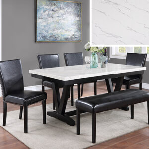 White faux marble dining table with black chairs and bench – Tanner dining set
