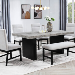 Modern grey stone-look dining table with upholstered chairs and bench – Sebastian dining set